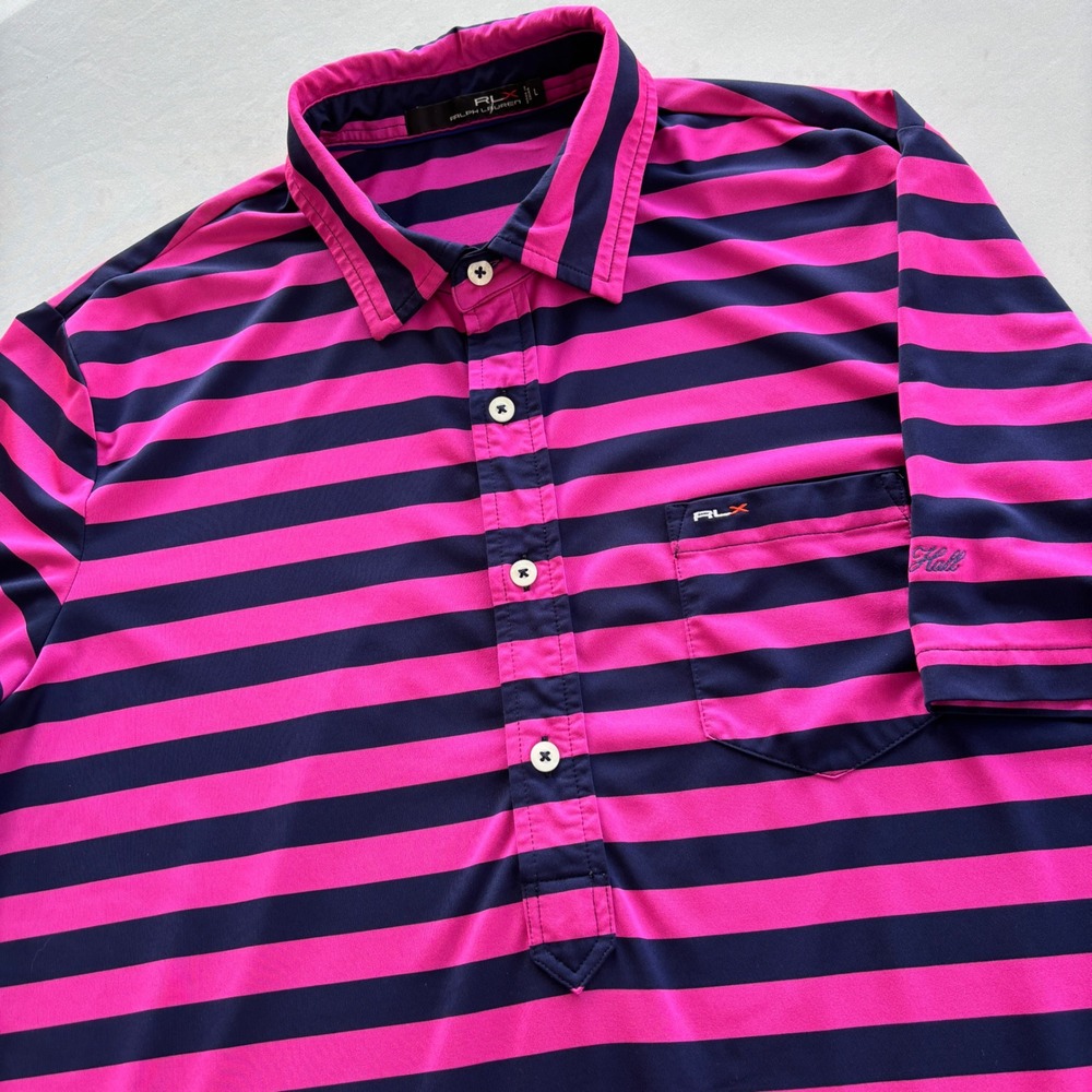 RLX Ralph Lauren Polo Shirt Mens‎ L Pink Navy Blue Striped Performance Golf